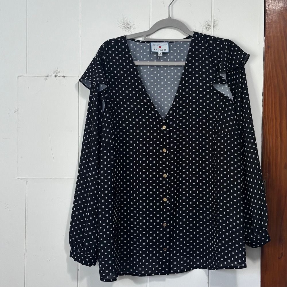 Draper James x Eloquii Polka Dot Cold Shoulder Ruffle Blouse Black White Size 18